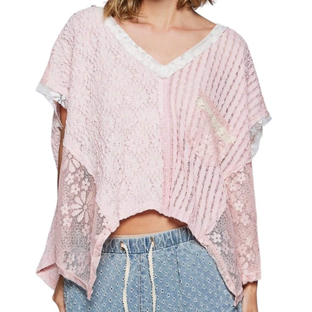 POL Pink Lace V-Neck Oversized Blouse